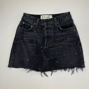 Reformation soft denim miniskirt w/ grommets. Raw hem. Button fly. Size 23/00.